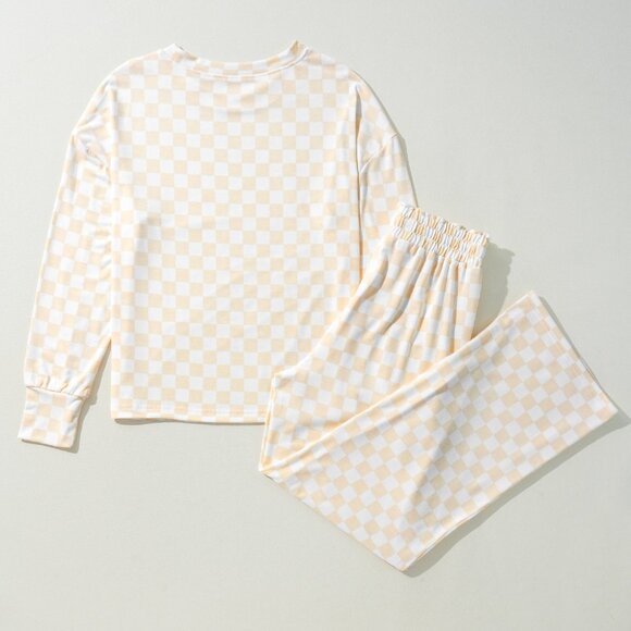 Beige Checkered Print Long Sleeve Top and Pants Lounge Set - Picture 6 of 13